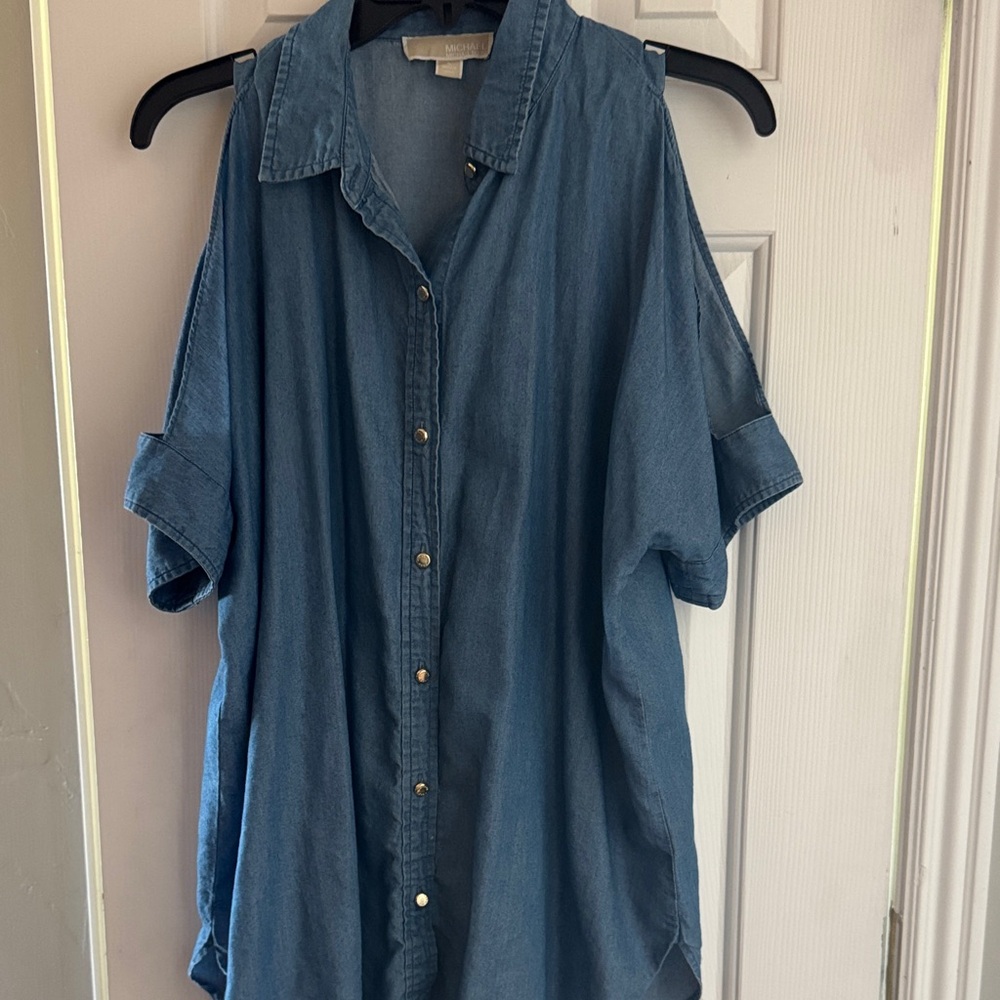 Michael Kors Denim Blue Cold Shoulder Shirt Size Large